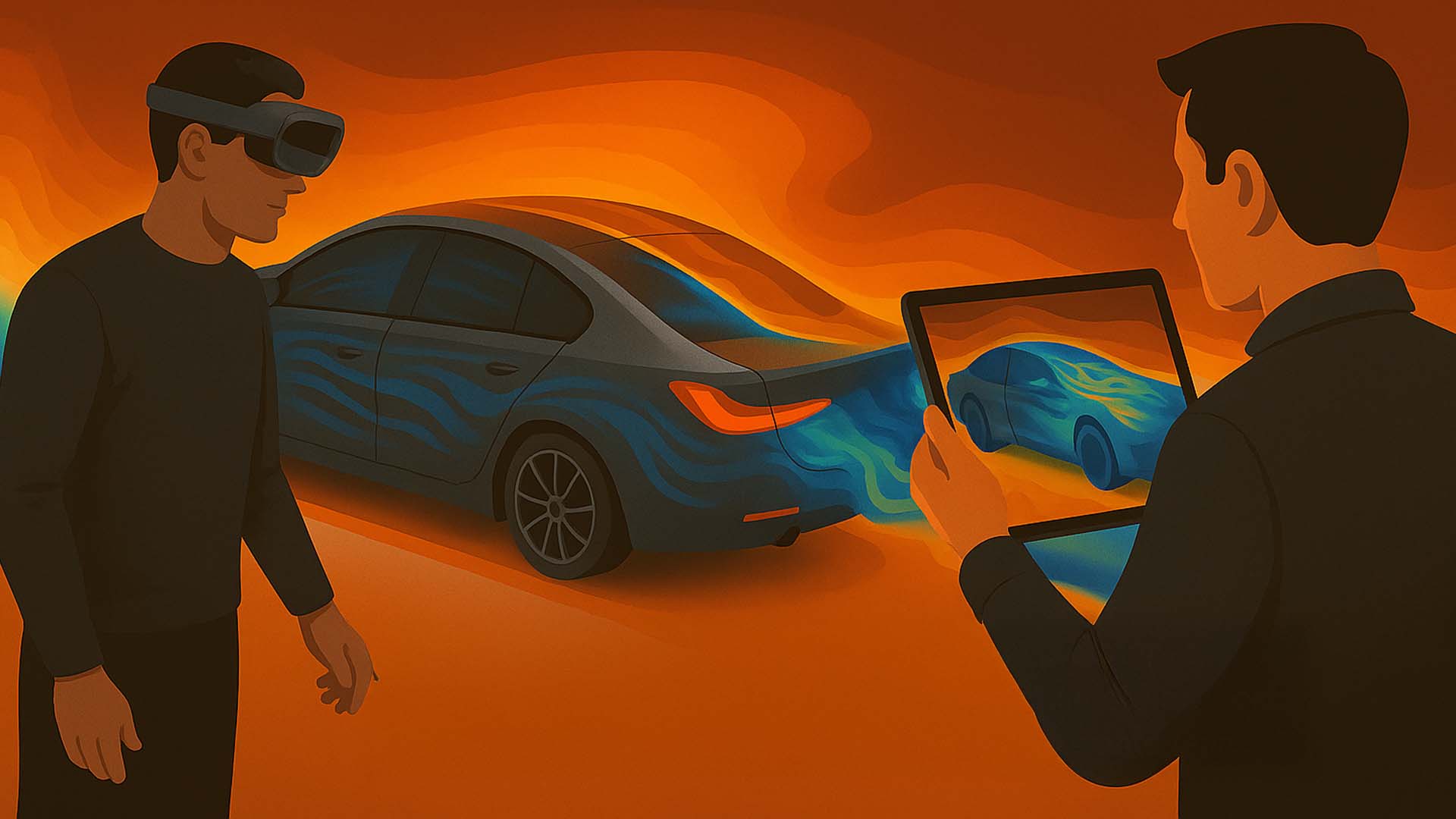 Engineers visualizing airflow with XR headset
