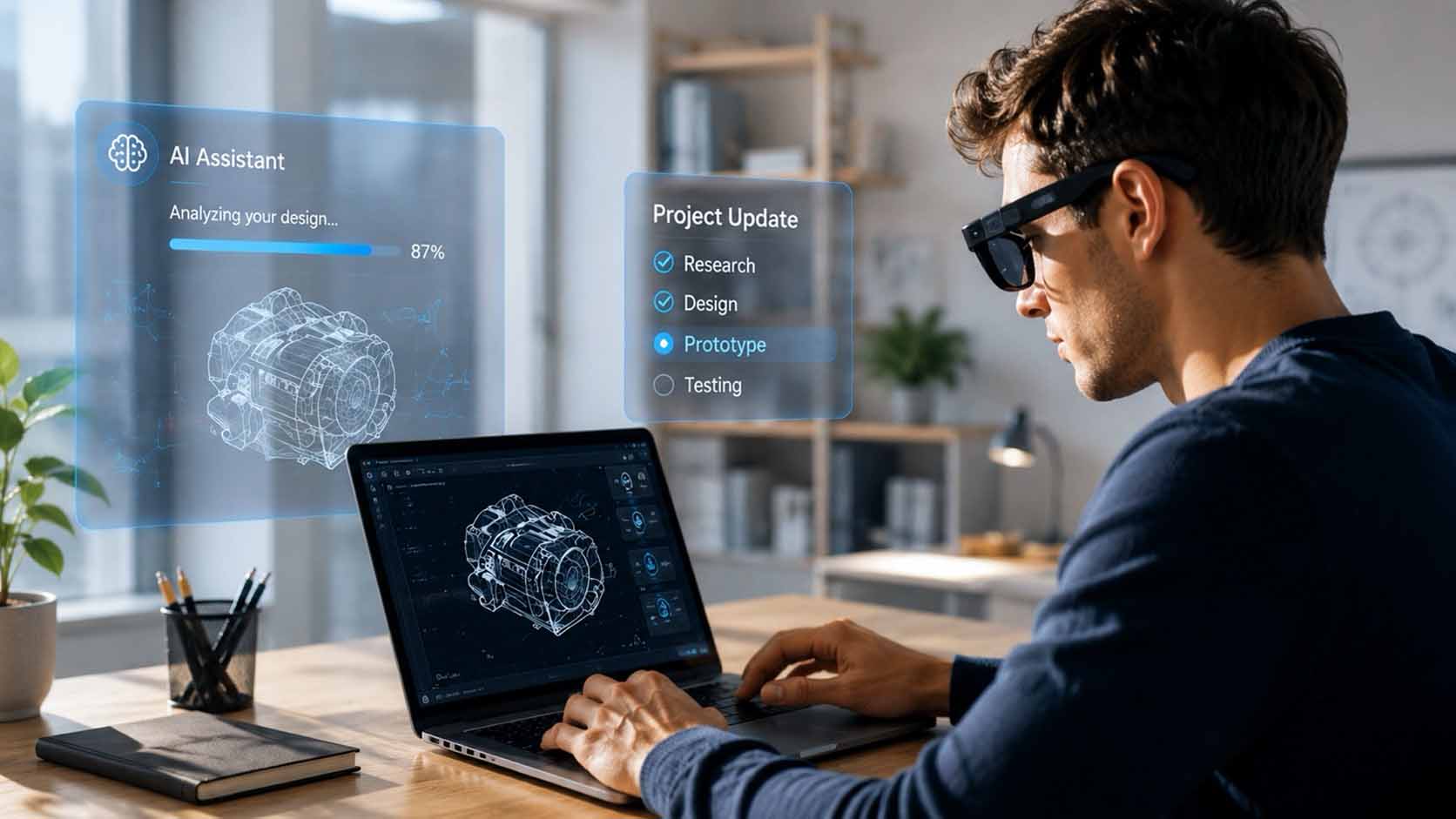 KI Assistent unterstützt Produktivität, Konstruktion und Wissensarbeit über AR Brillen und Spatial Computing