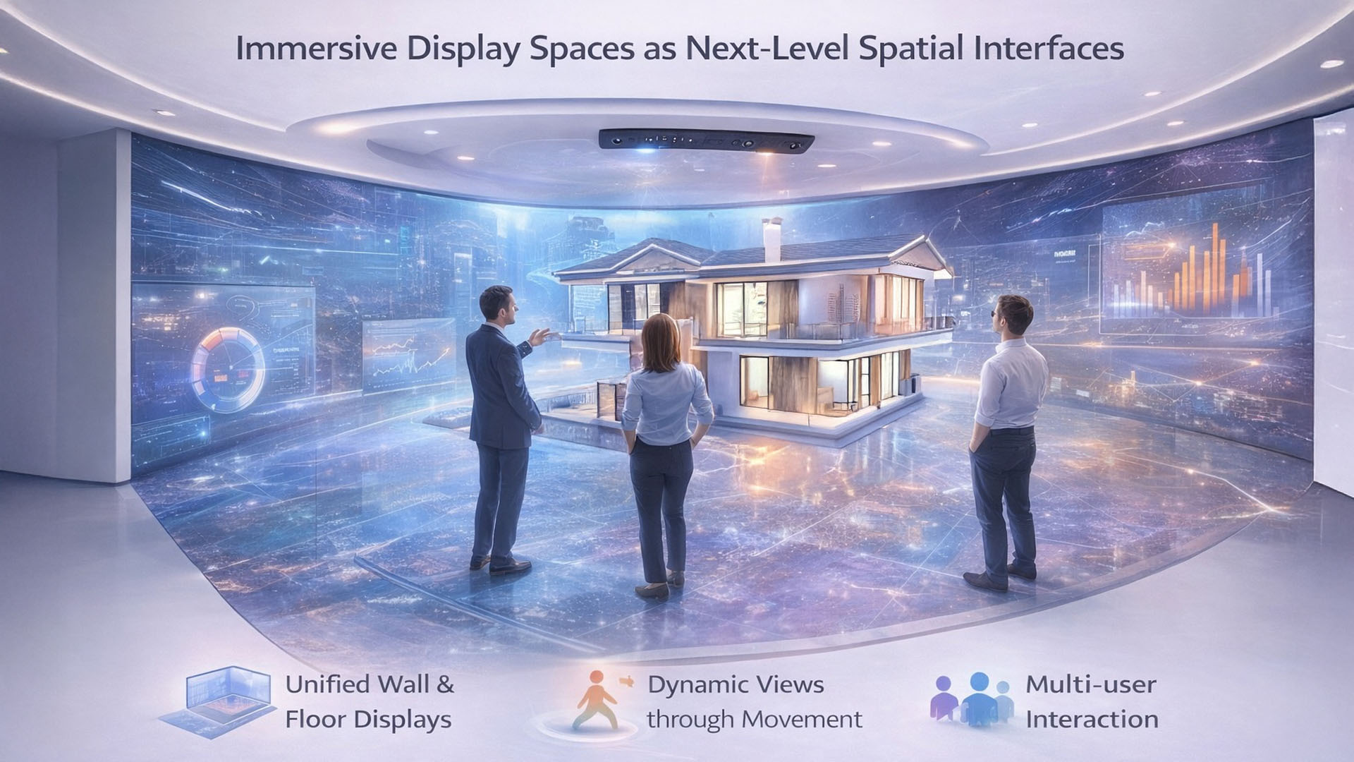 Immersive multi surface display environment with floor and wall screens creating a spatial experience without headset