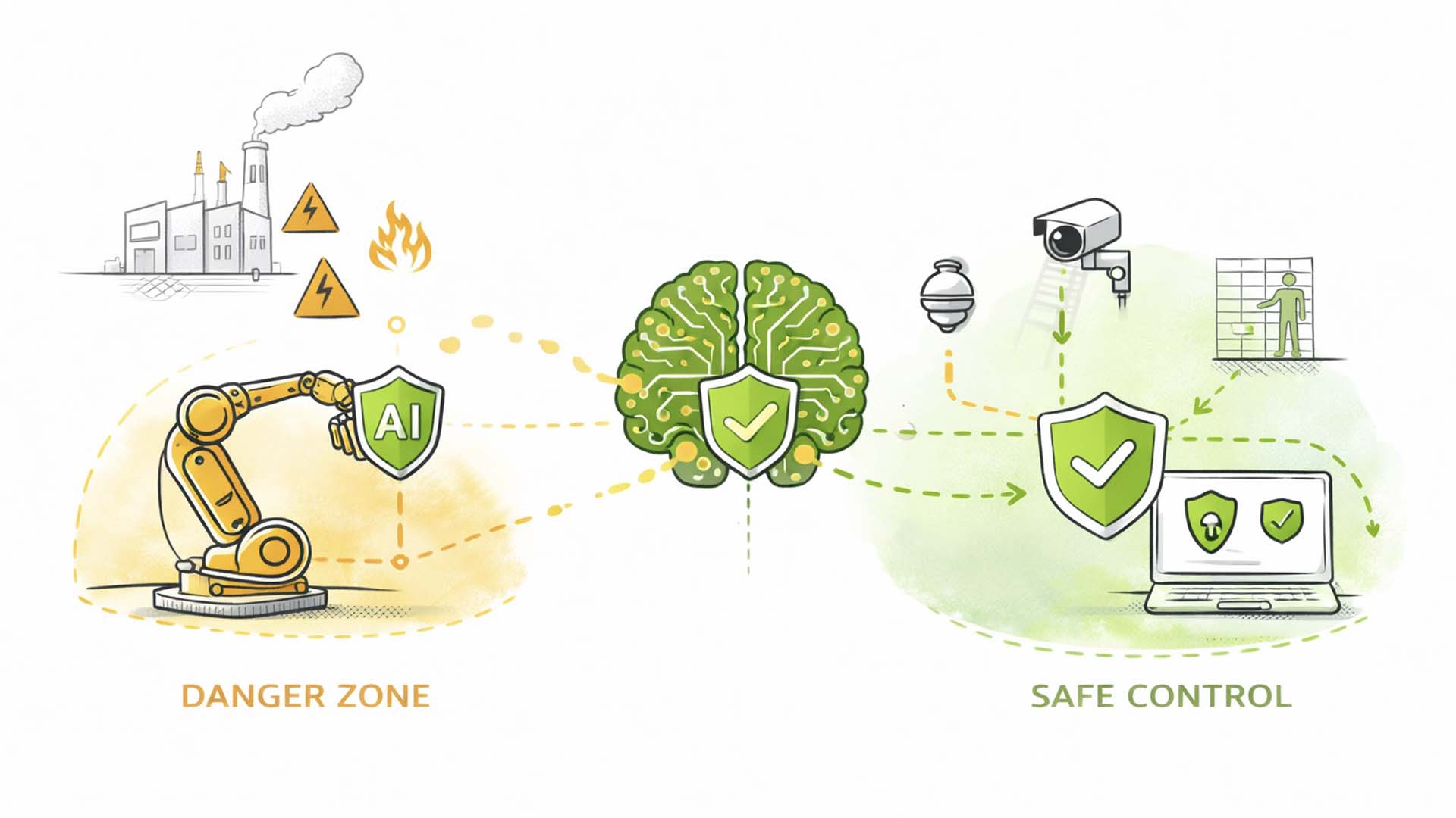 Konzeptillustration zu KI-gestützter Sicherheitsarchitektur in industriellen Umgebungen