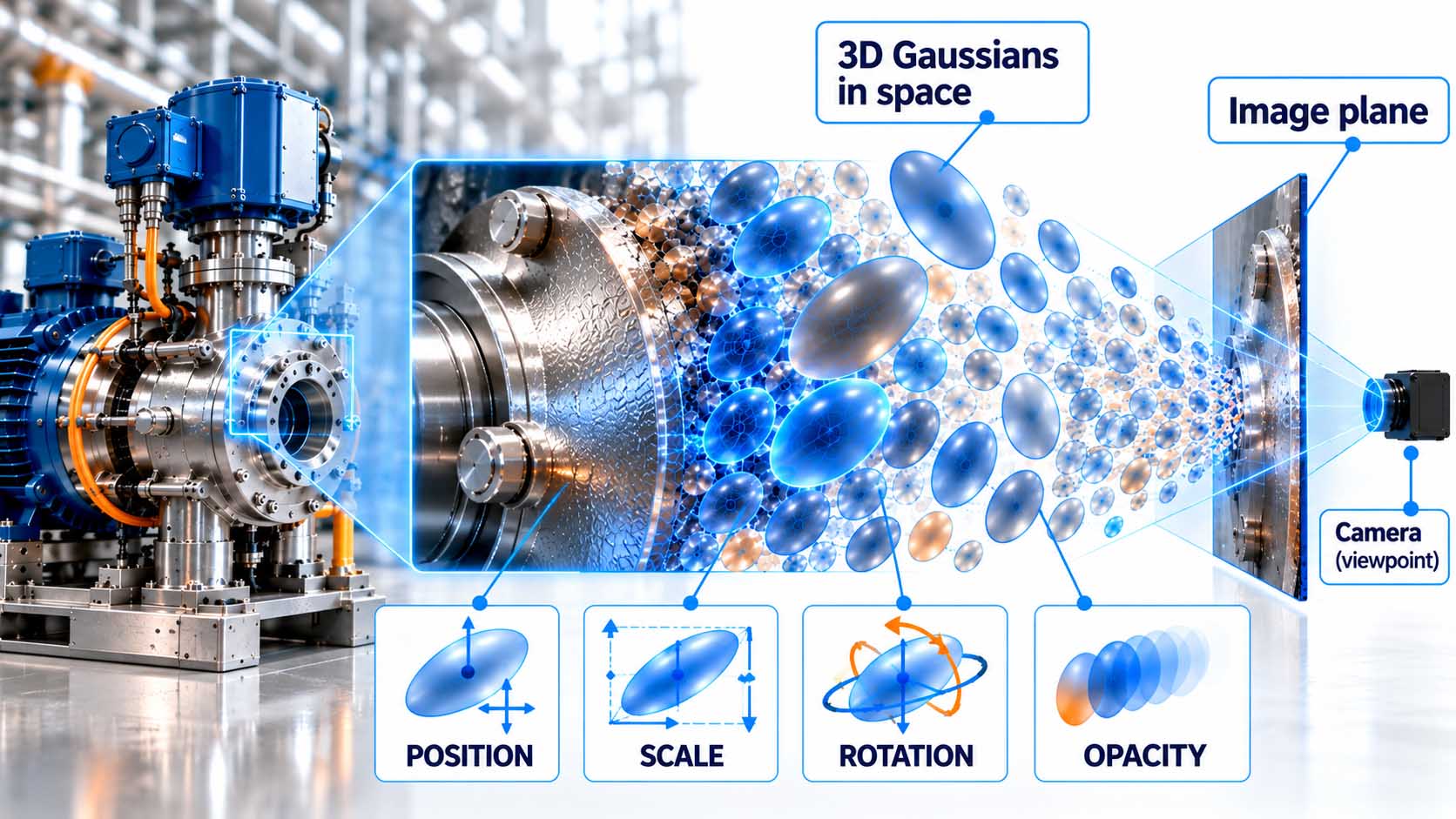 Technical infographic on a dark, anthracite background: on the left a section of a photorealistic machine surface, on the right the same section greatly magnified, in which the surface breaks down into many semi-transparent, elliptical clouds of color of different sizes and orientations; individual clouds are highlighted with thin, blue contour lines, a cone indicates the projection onto an image plane