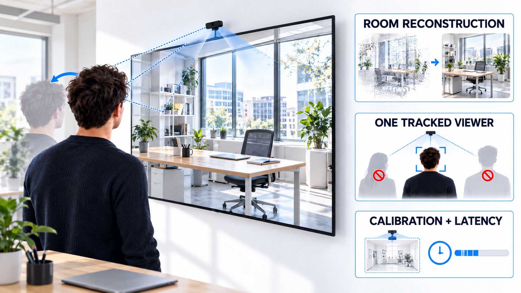 Technical infographic on a dark, anthracite background: a round screen on an office wall, above it a small webcam with a blue detection cone aimed at a stylized viewer's head; behind the screen the photorealistically reconstructed room is indicated schematically, connected by dashed lines to three small icons for reconstruction, alignment and tracking, next to them a subtle clock icon indicating latency