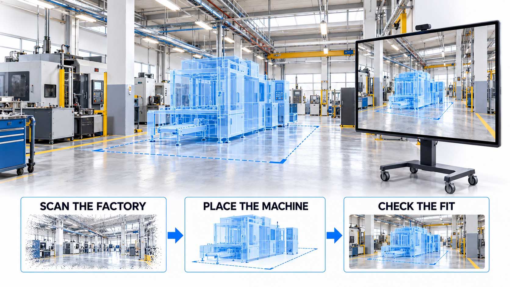 Photorealistic scene in an existing factory hall in subdued, anthracite light: a large screen on a rolling stand stands at an empty floor area of the hall, the screen shows the same floor area, but with a new production installation highlighted in semi-transparent blue at exactly this spot; in the background older machines and cable trays, no people, no text, no logos