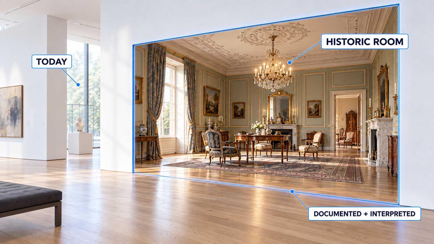 Photorealistic scene in a simple, present-day museum room with white walls and wooden floor: a large, frameless screen hangs on the wall showing the same room in a historical state with stucco ceiling, chandelier, wood paneling and antique furniture, seamlessly connected in perspective to the real room; warm, soft light, no people, no text, no logos