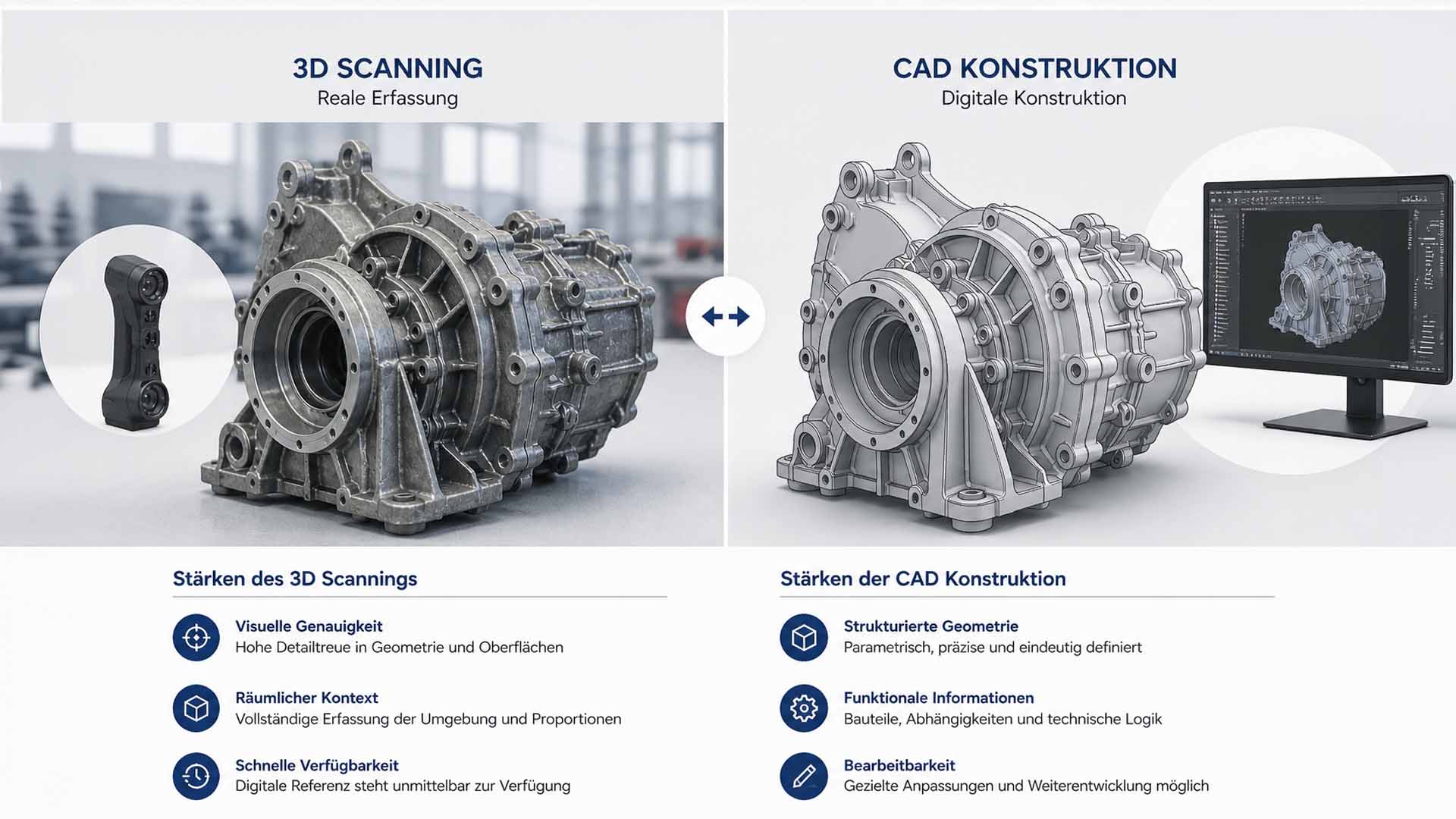 Vergleich zwischen 3D Scan und CAD Modell eines industriellen Bauteils