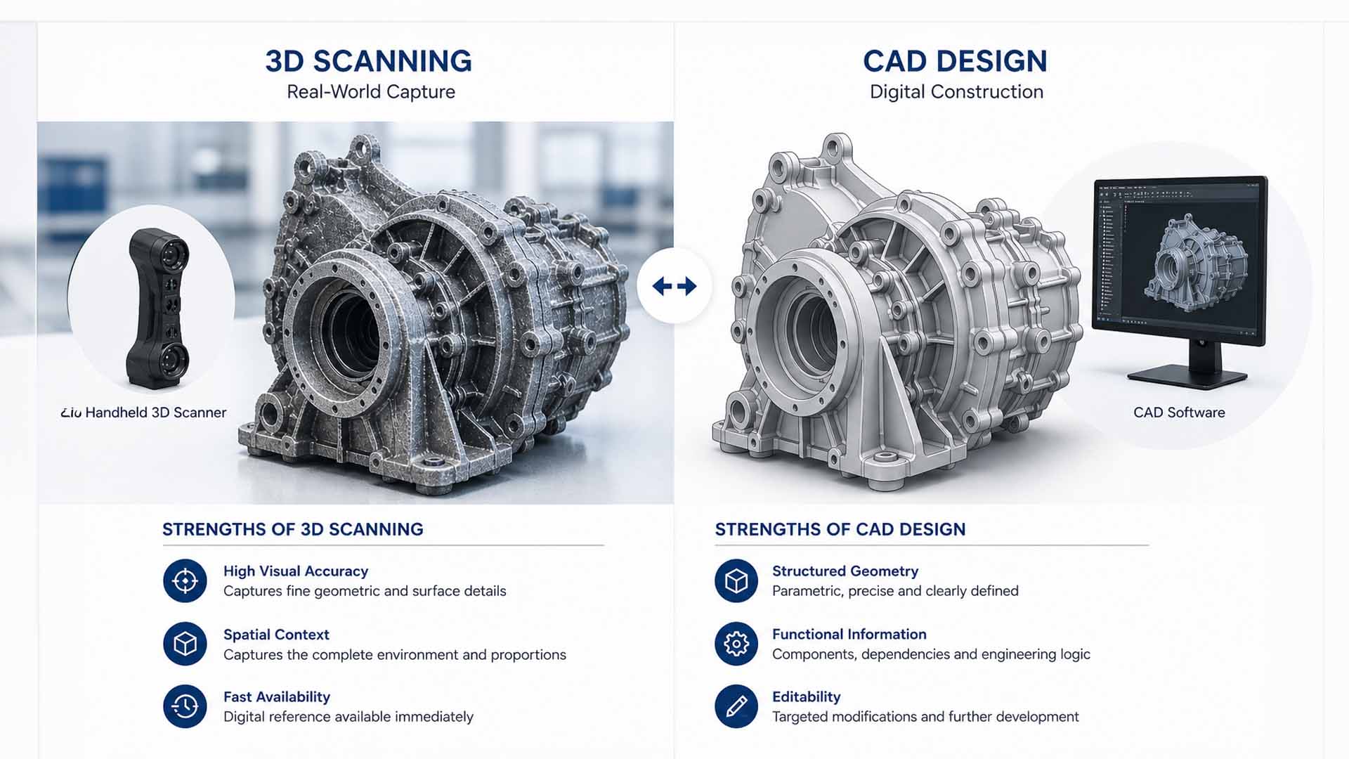 Comparison between 3D scan and CAD model of an industrial component