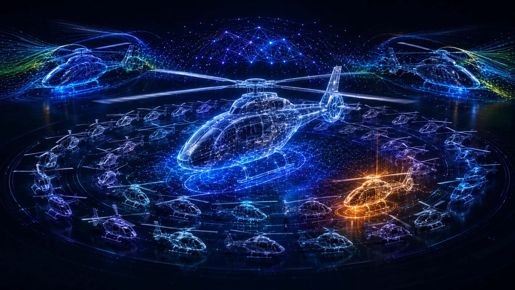 KI analysiert tausende Designvarianten eines digitalen Hubschraubers und identifiziert optimale Lösungen auf Basis physikalischer Simulationen.