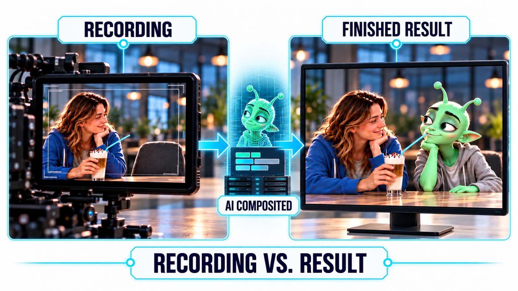Zweigeteilte Gegenüberstellung mit der Überschrift Recording vs. Result. Links zeigt der Monitor einer Filmkamera die reale Aufnahme einer Frau mit Milchkaffee und Strohhalm an einem Tisch in einem modernen Büro, daneben ein leerer Stuhl. In der Mitte steht eine leuchtende grüne Figur als Gitternetz über einem Serverstapel mit der Beschriftung AI Composited. Rechts zeigt ein Bildschirm das fertige Ergebnis, in dem die grüne Figur neben der Frau sitzt und aus dem Strohhalm trinkt