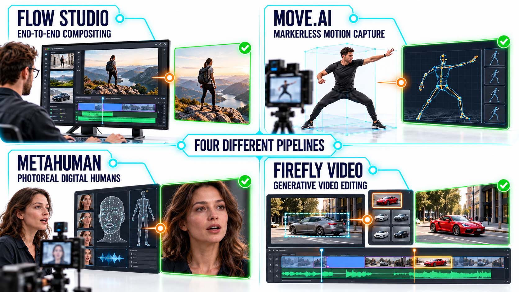 Vier Kacheln zu vier verschiedenen Pipelines unter der Überschrift Four Different Pipelines. Oben links Flow Studio mit End-to-End-Compositing und einem Monitor mit Schnittoberfläche, oben rechts Move.ai mit markerloser Bewegungserfassung und einem Skelett über einer Person im Ausfallschritt, unten links MetaHuman mit fotorealistischen digitalen Menschen und einer Gesichtsanalyse, unten rechts Firefly Video mit generativem Videoschnitt, bei dem ein graues Auto durch ein rotes ersetzt wird