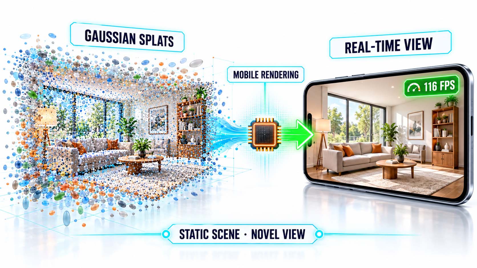 Links eine aus bunten Ellipsoiden aufgebaute Wohnzimmerszene mit der Beschriftung Gaussian Splats, in der Mitte ein Chip mit der Beschriftung Mobile Rendering, rechts ein quer gehaltenes Smartphone, das dasselbe Wohnzimmer als glatte, fotorealistische Ansicht zeigt, mit der Einblendung 116 FPS und der Beschriftung Real-Time View. Unter dem Bild steht Static Scene, Novel View
