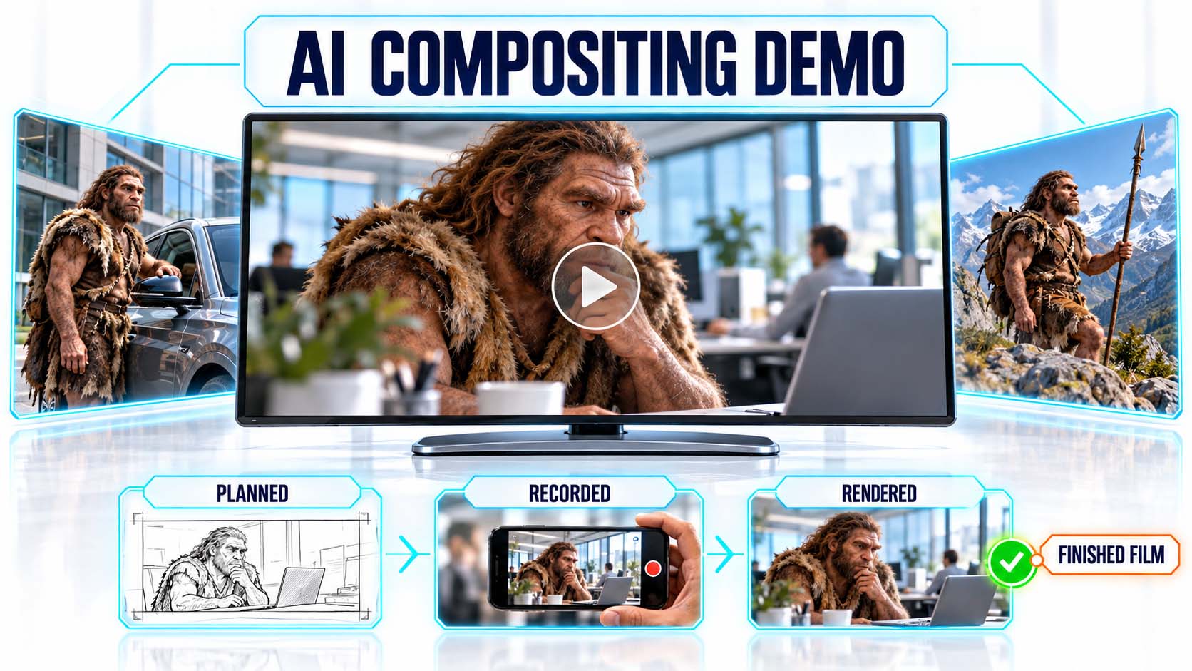 Large image montage titled AI Compositing Demo. In the middle, a monitor with a play button shows a Neanderthal in fur clothing sitting thoughtfully at a laptop in a bright open-plan office. On the left he stands next to a modern car, on the right he holds a spear in a mountain landscape. Below, three tiles show the workflow: Planned with a storyboard sketch, Recorded with a smartphone recording and Rendered with the computed image, next to the green-checked label Finished Film