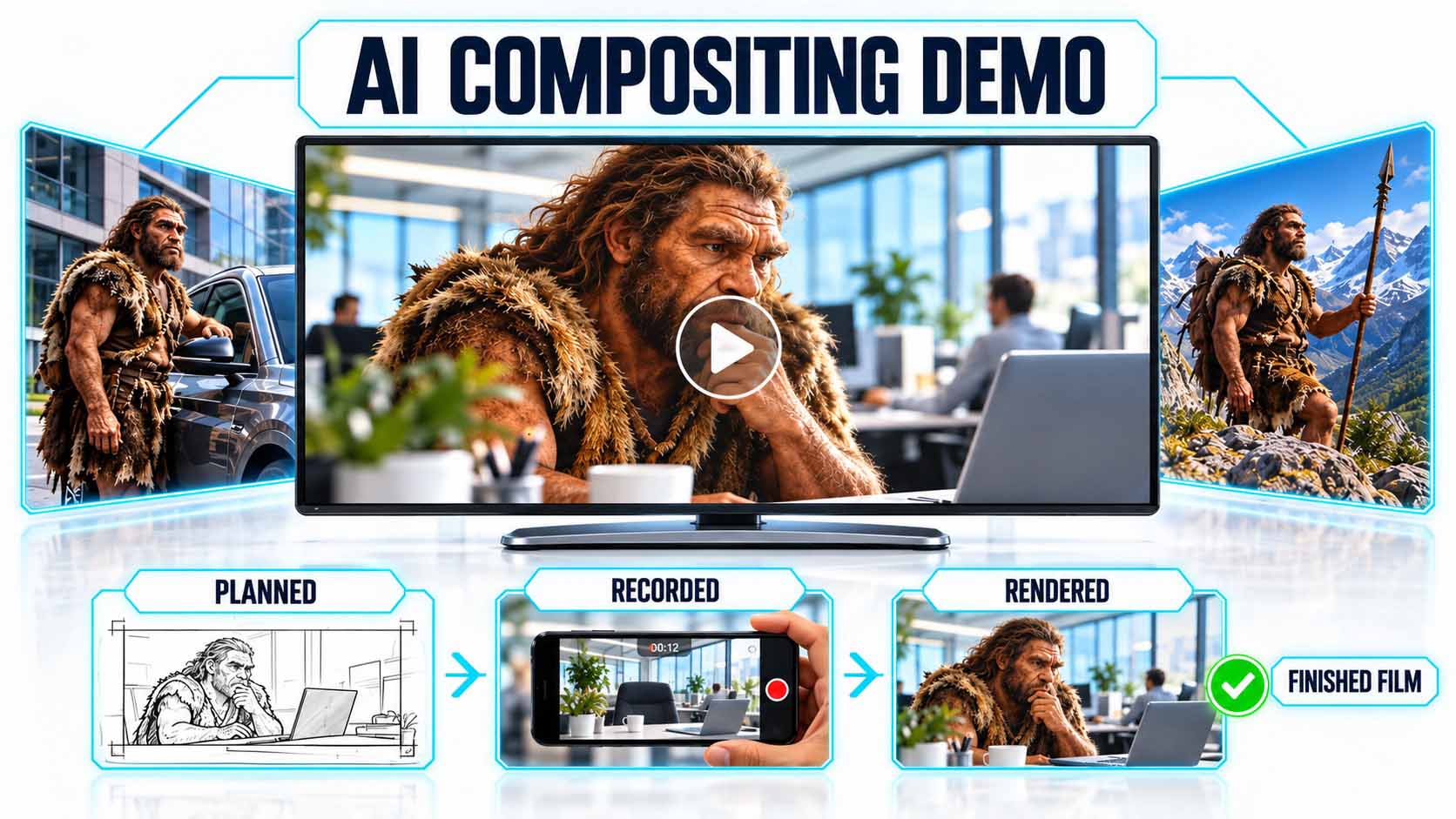 Große Bildmontage mit der Überschrift AI Compositing Demo. In der Mitte zeigt ein Monitor mit Wiedergabetaste einen Neandertaler in Fellkleidung, der in einem hellen Großraumbüro nachdenklich am Laptop sitzt. Links steht er neben einem modernen Auto, rechts hält er in einer Berglandschaft einen Speer. Darunter zeigen drei Kacheln den Ablauf: Planned mit einer Storyboard-Skizze, Recorded mit einer Smartphone-Aufnahme und Rendered mit dem berechneten Bild, daneben der grün bestätigte Hinweis Finished Film