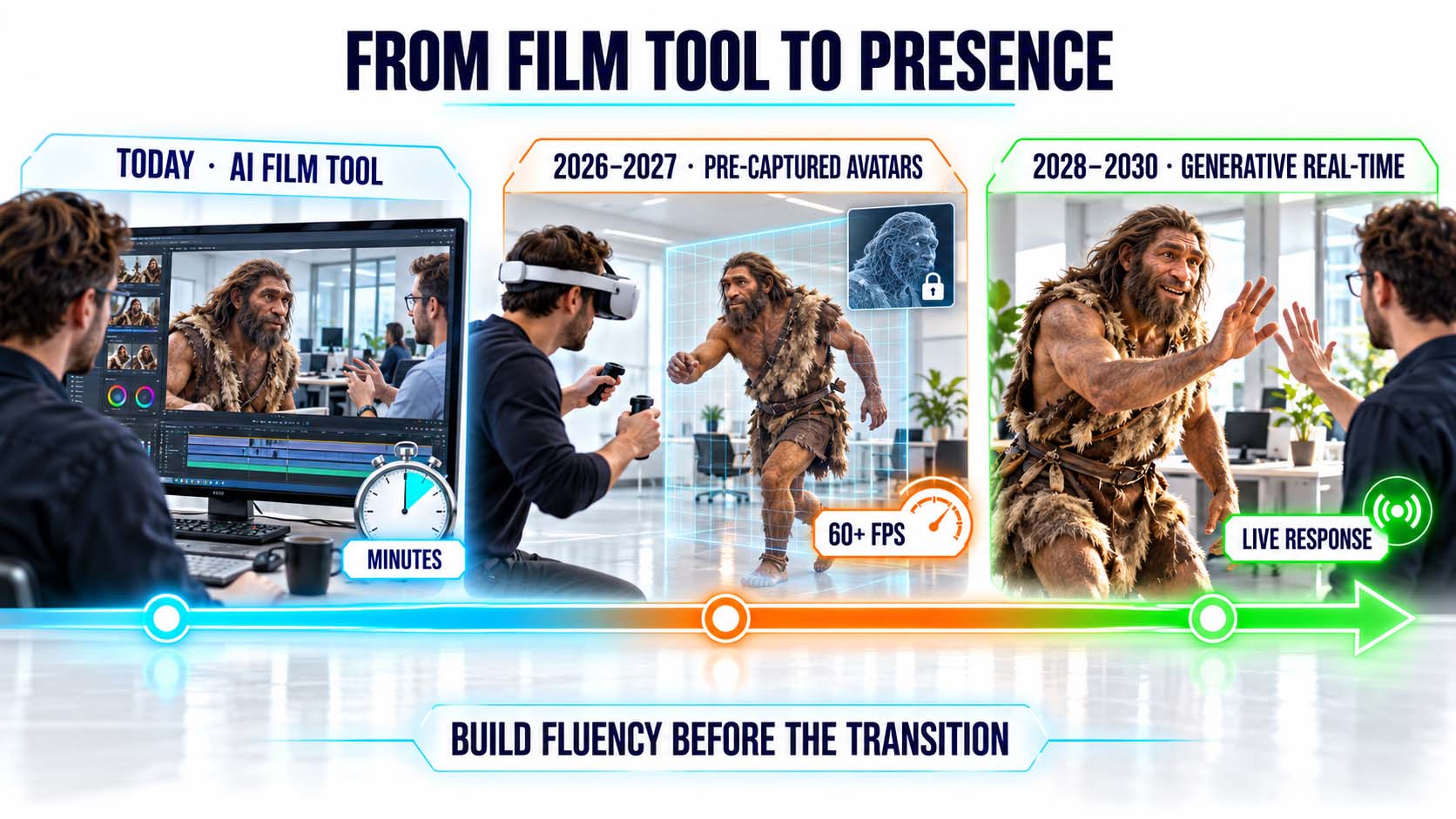Zeitstrahl mit der Überschrift From Film Tool to Presence und drei Stufen. Links Today, AI Film Tool: ein Mann schneidet am Monitor eine Szene mit dem Neandertaler, dazu eine Stoppuhr und die Beschriftung Minutes. In der Mitte 2026 bis 2027, Pre-Captured Avatars: ein Mann mit VR-Headset und Controllern sieht die laufende Figur, dazu die Beschriftung 60+ FPS. Rechts 2028 bis 2030, Generative Real-Time: Der Neandertaler gibt einem Mann ein High Five, dazu die Beschriftung Live Response. Unten steht Build Fluency Before the Transition
