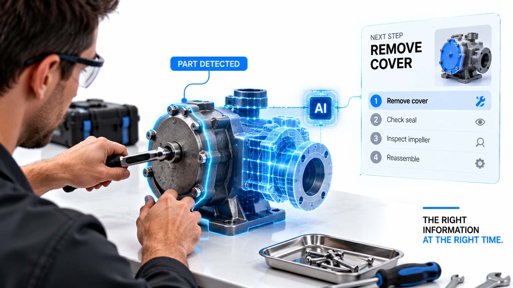 Techniker in professioneller Arbeitskleidung hält ein Maschinenbauteil vor eine unauffällige Kamera, daneben schwebt eine digital eingeblendete, schematische Anleitung mit nummerierten Arbeitsschritten, dunkler anthrazitfarbener Hintergrund, hochwertige Produktfotografie-Optik