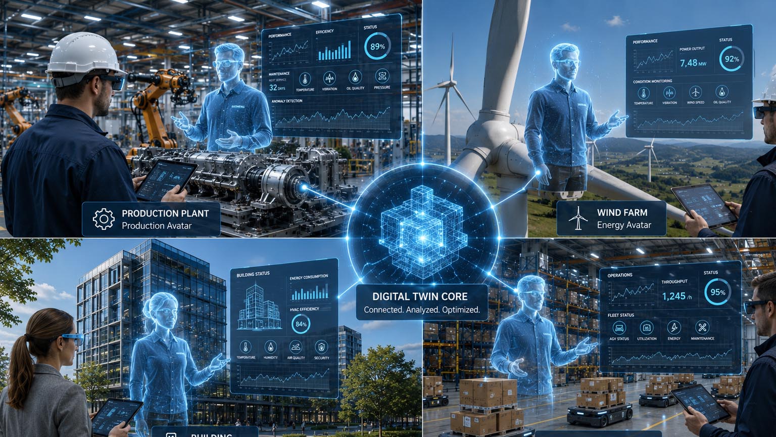 Service Avatar unterstützt Techniker in einer industriellen Produktionsumgebung mit XR Brille und digitalem Zwilling