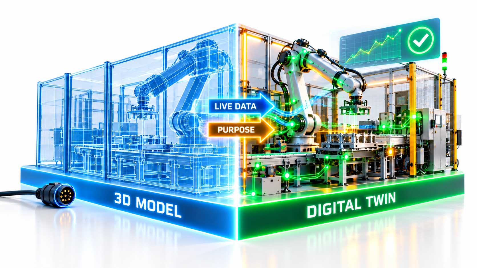 Infografik auf weißem Hintergrund: links eine physische Maschine als dunkelgraue Strichzeichnung mit der Beschriftung PHYSICAL ASSET, rechts dieselbe Maschine als grünes 3D-Modell mit der Beschriftung DIGITAL MODEL; dazwischen zwei grüne Pfeile in entgegengesetzter Richtung mit der Beschriftung SYNC; unter dem Modell eine kleine Person mit Häkchen und der Beschriftung PURPOSE; große, gut lesbare Schrift, keine Logos