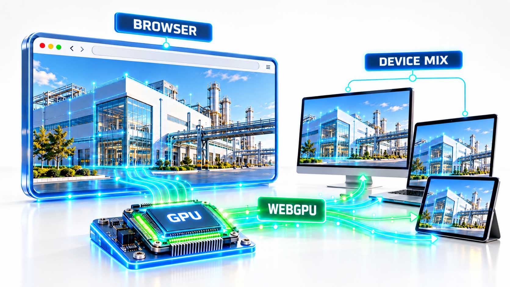Infografik auf weißem Hintergrund: fünf graue Systemsymbole im Halbkreis mit den Beschriftungen CAD, CONTROLS, MAINTENANCE und ORDERS sowie einem Sensor, alle über grüne Linien mit einem zentralen Knoten mit Schlüsselsymbol und der Beschriftung SHARED ASSET ID verbunden, von dem eine Linie zu einem kleinen 3D-Würfel führt; große, gut lesbare Schrift, keine Logos
