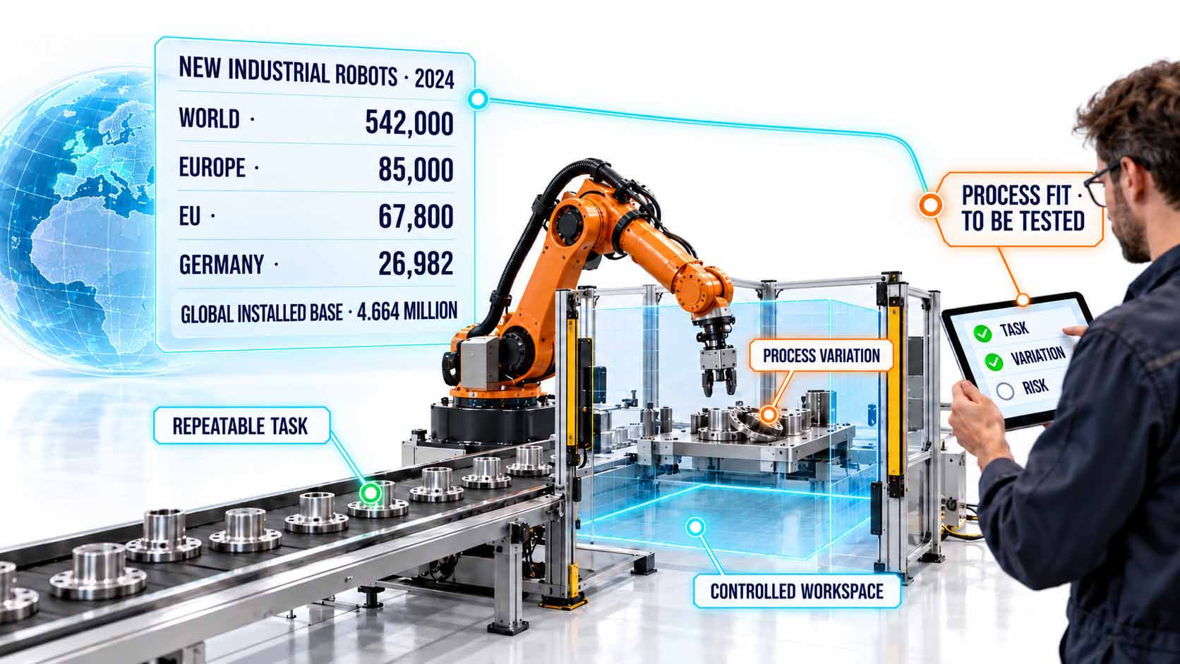 Helle Fertigungshalle mit einem orangefarbenen Industrieroboter in einer geschützten Arbeitszelle und einem Mitarbeiter mit Tablet. Eine Informationstafel zeigt die Zahl der 2024 neu installierten Industrieroboter: weltweit 542.000, Europa 85.000, Europäische Union 67.800 und Deutschland 26.982 sowie einen weltweiten Bestand von 4,664 Millionen. Markierungen weisen auf wiederholbare Aufgaben, Prozessvarianten, den kontrollierten Arbeitsraum und die noch zu prüfende Eignung des Prozesses hin