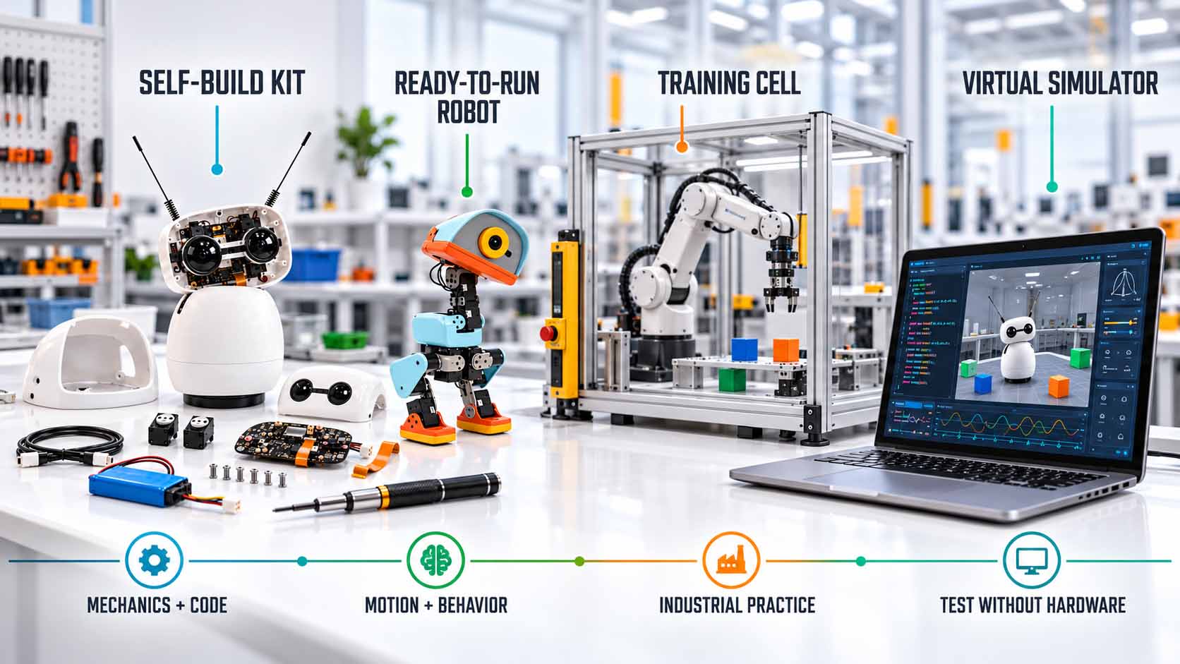 Vier Arten von Robotik-Lernsystemen auf einem hellen Labortisch: ein Selbstbau-Kit mit Roboterteilen und Werkzeug, ein fertiger kleiner Zweibeiner, ein kompakter Roboterarm in einer geschützten Lehrzelle und ein Laptop mit einem virtuellen Robotersimulator. Darunter werden die jeweiligen Schwerpunkte Mechanik und Programmierung, Bewegung und Verhalten, industrielle Praxis sowie Tests ohne reale Hardware zugeordnet