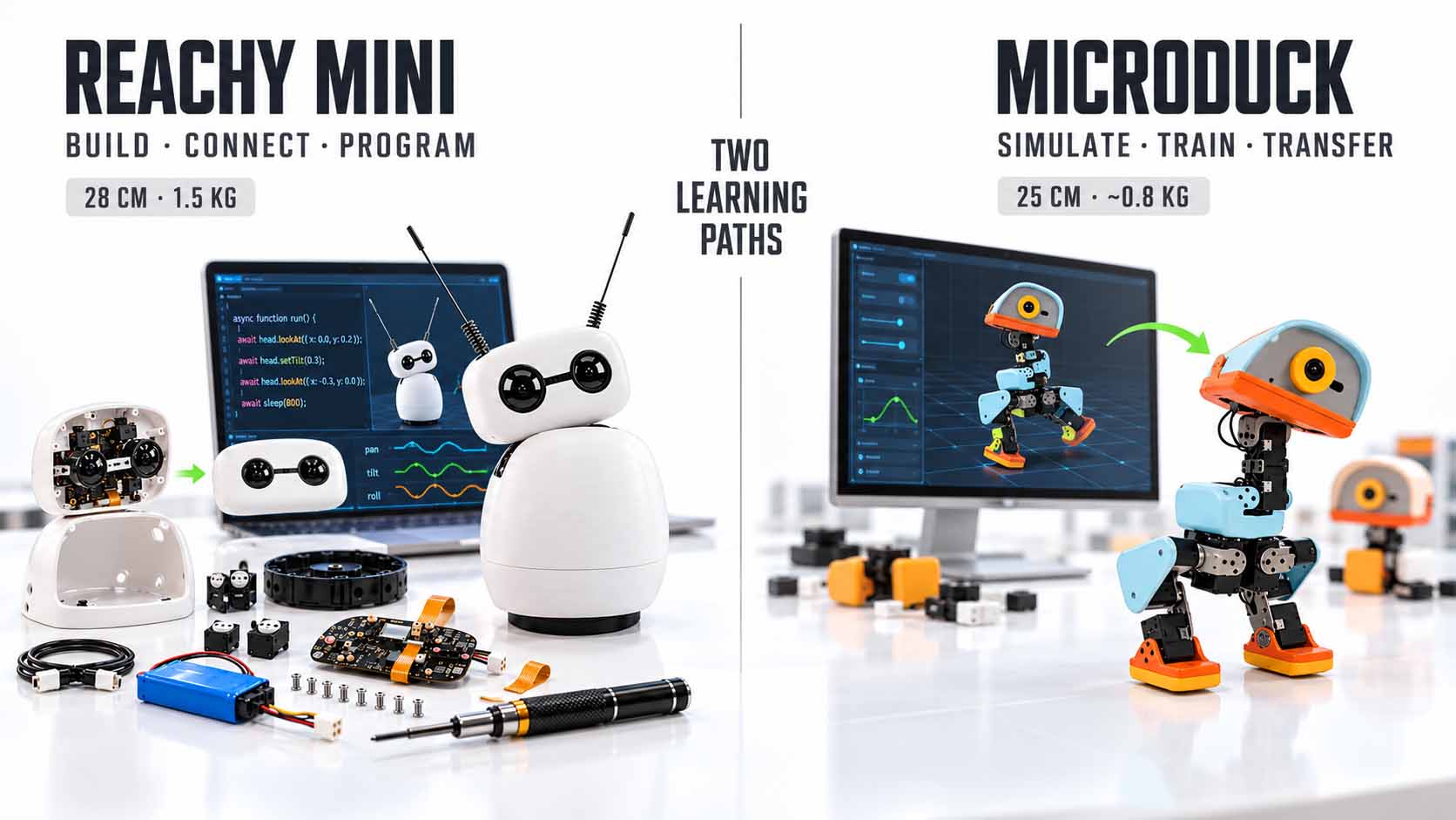 Zweigeteilte Gegenüberstellung zweier Robotik-Lernwege auf hellem Hintergrund. Links stehen Bauteile, Werkzeug, Laptop und ein fertig montierter weißer Tischroboter für den Weg Bauen, verbinden und programmieren. Rechts zeigt ein Bildschirm einen kleinen zweibeinigen Roboter in einer Simulation, daneben steht der reale Roboter für den Weg Simulieren, trainieren und übertragen. Ergänzt werden die Herstellerangaben zu Größe und Gewicht