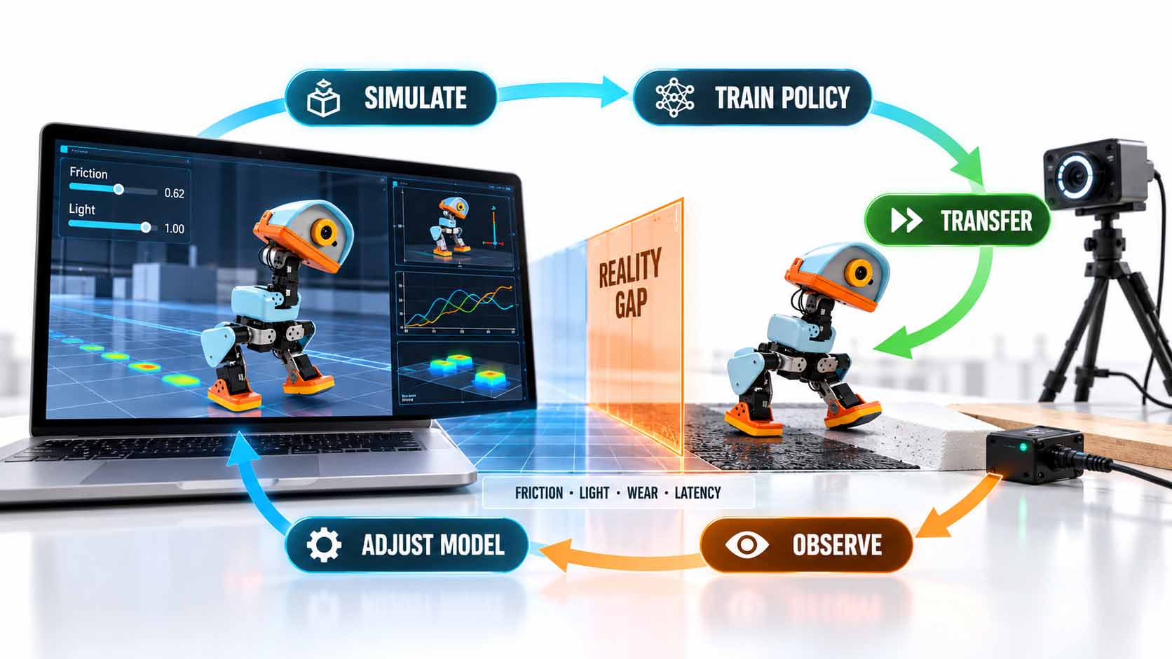 Kreisförmiger Sim-to-real-Ablauf mit einem kleinen zweibeinigen Roboter. Links wird der Roboter auf einem Laptop unter veränderbaren Bedingungen simuliert, anschließend wird eine Verhaltensregel trainiert und auf den realen Roboter rechts übertragen. Eine Kamera beobachtet den Versuch, danach werden die Ergebnisse ausgewertet und das Modell angepasst. Eine orangefarbene Trennfläche mit der Beschriftung Reality Gap verdeutlicht mögliche Abweichungen durch Reibung, Licht, Verschleiß und Verzögerung