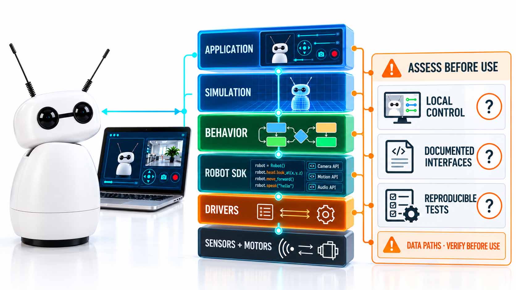Geschlossener weißer Tischroboter neben einem Laptop und einem extern dargestellten Software-Schichtenmodell. Die sechs übereinanderliegenden Ebenen heißen Sensoren und Motoren, Treiber, Robot-SDK, Verhalten, Simulation und Anwendung. Eine separate Prüftafel fordert dazu auf, lokalen Betrieb, dokumentierte Schnittstellen, reproduzierbare Tests und die Datenwege vor dem Einsatz zu bewerten. Fragezeichen machen deutlich, dass diese Eigenschaften geprüft werden müssen