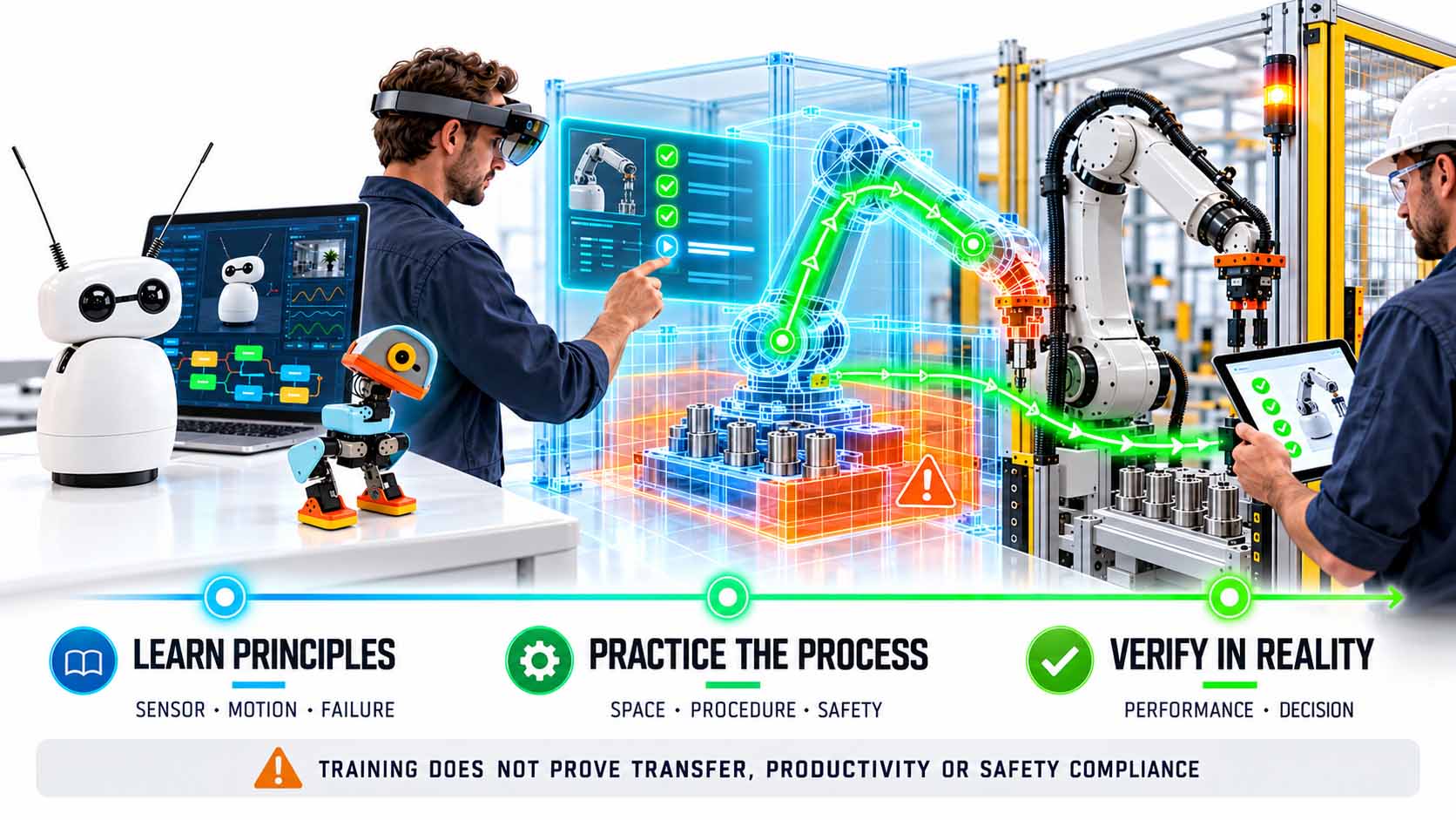 Dreistufiger Lernpfad in einer hellen industriellen Umgebung. Links vermitteln ein Tischroboter, ein kleiner Zweibeiner und ein Laptop Grundlagen zu Sensorik, Bewegung und Fehlern. In der Mitte übt ein Mitarbeiter mit einem XR-Headset an einem digitalen Zwilling eines Roboterarms räumliche Abläufe und Sicherheitsfragen. Rechts wird das Ergebnis an einer realen Roboterzelle überprüft. Ein Hinweis erklärt, dass Training allein noch keinen Nachweis für Übertragbarkeit, Produktivität oder Sicherheitskonformität liefert