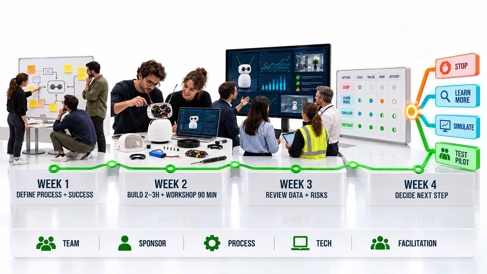 Vierwöchiger Projektablauf mit einem interdisziplinären Team. In Woche 1 werden Prozessfrage und Erfolgskriterien festgelegt, in Woche 2 ein Roboter aufgebaut und in einem 90-minütigen Workshop getestet, in Woche 3 Daten und Risiken gemeinsam ausgewertet und in Woche 4 der nächste Schritt entschieden. Die vier möglichen Ergebnisse lauten stoppen, weiterlernen, simulieren oder einen begrenzten Pilot testen. Eine untere Leiste nennt Team, Sponsor, Prozessexpertise, technische Betreuung und Moderation als beteiligte Rollen