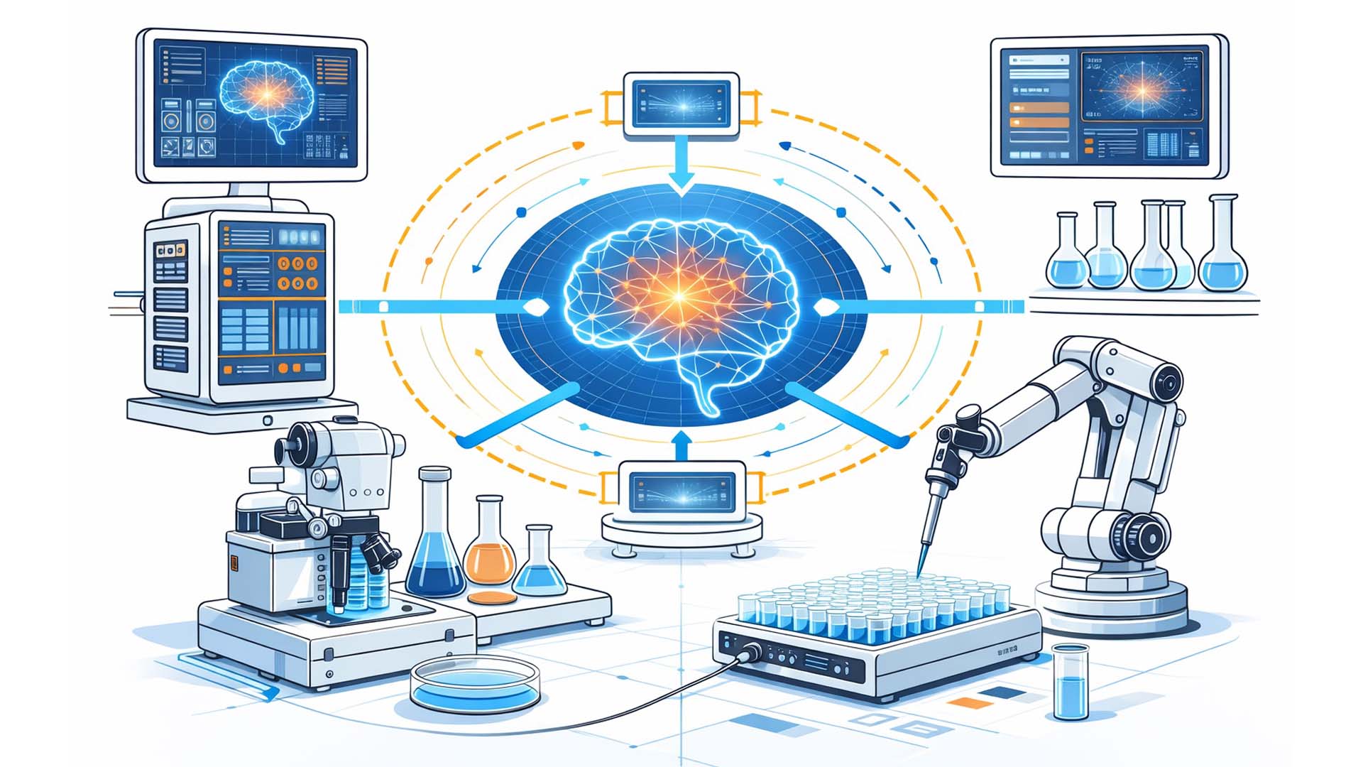 Konzeptillustration eines KI-gesteuerten Closed-Loop-Labors mit Modell, Validierung und Robotik