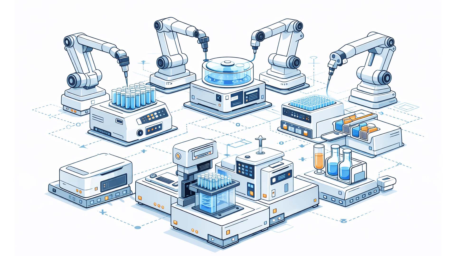 Modulare Reconfigurable Automation Carts mit Roboterarm und Laborgeräten