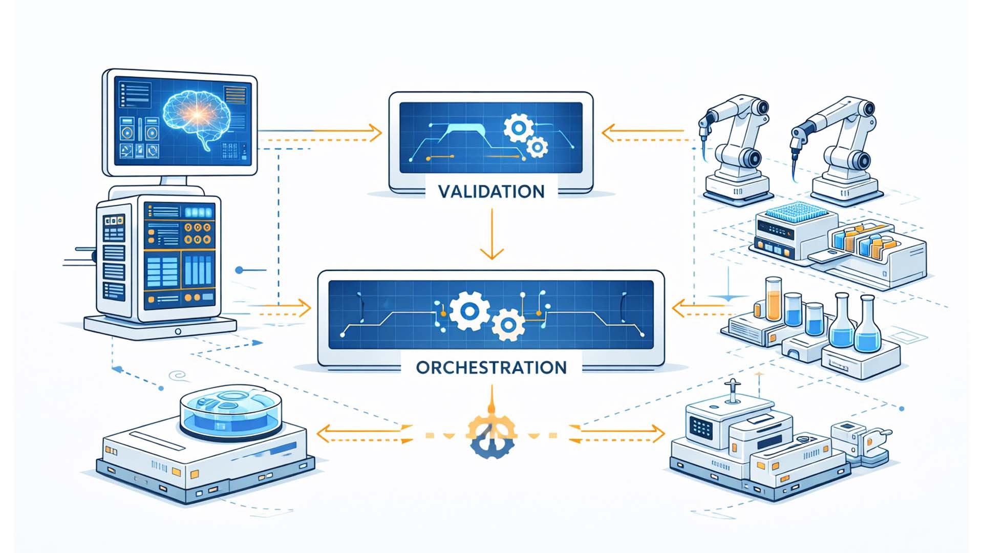 Konzeptdarstellung der Implementierung: KI erzeugt JSON Experimente, Validierung prüft, Orchestrierung steuert RAC Module, Messdaten fließen zurück