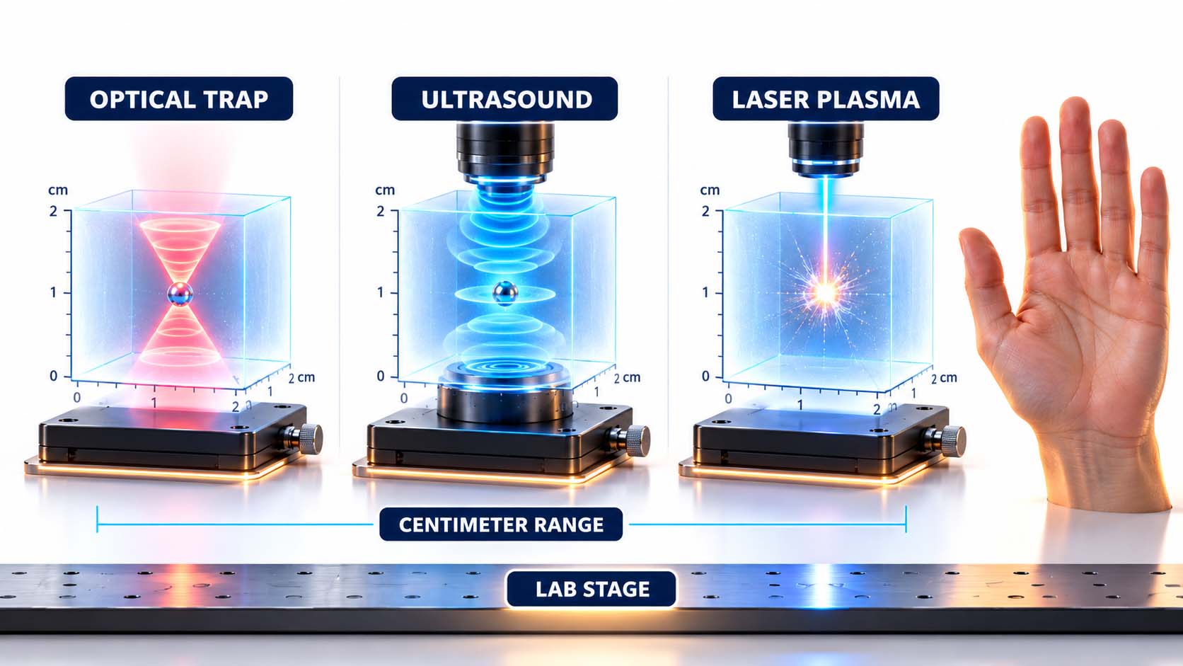 Wissenschaftliche Infografik vor dunklem, anthrazitfarbenem Hintergrund in drei Spalten mit den Überschriften LICHTFALLE, ULTRASCHALL und LASERPLASMA. In jeder Spalte ein kleiner, leuchtender Würfel als Arbeitsraum mit einer feinen Maßlinie und der Beschriftung ZENTIMETERBEREICH. Darunter jeweils eine Zeile MEDIUM mit den Einträgen PARTIKEL, PARTIKEL und LUFT. Am rechten Rand zum Größenvergleich die Silhouette einer menschlichen Hand. Am unteren Rand ein durchgehender Balken mit der Beschriftung REIFEGRAD LABOR. Keine Logos.