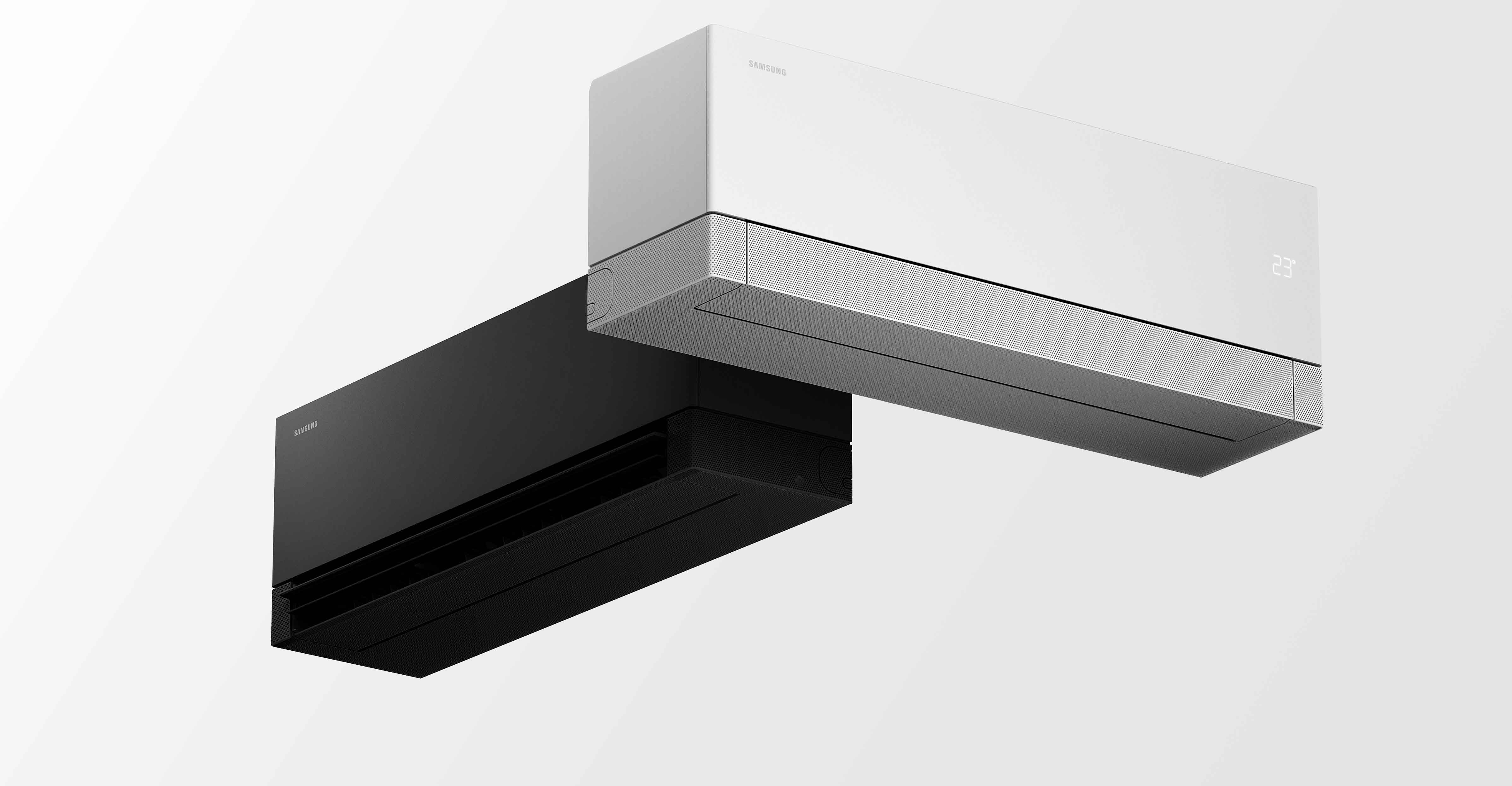 Samsung Bespoke AI WindFree Pro Klimaanlage an minimalistisch eingerichteter Wohnzimmerwand, reduzierte flache Frontgestaltung sichtbar
