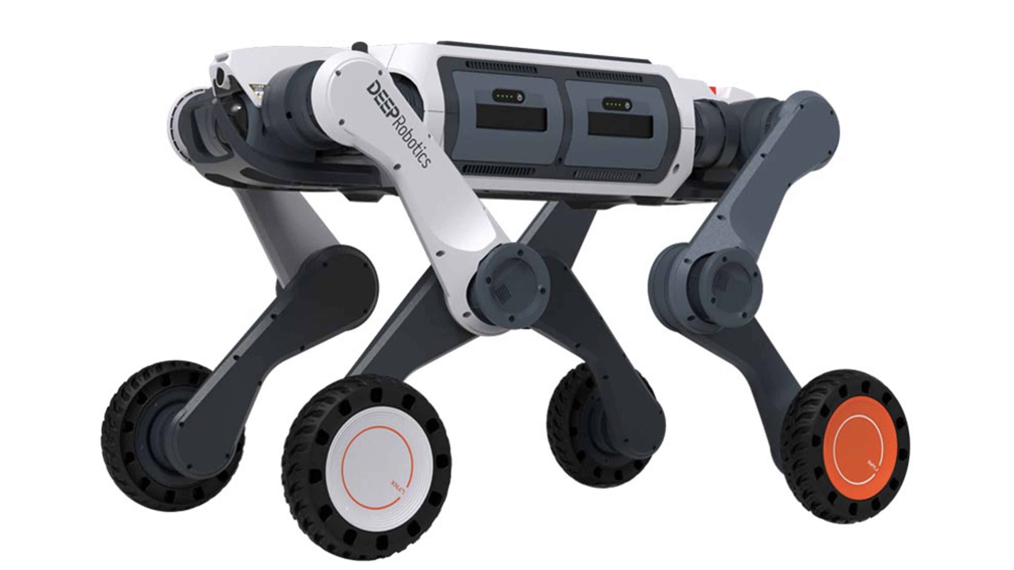 Lynx M20S Rad-Bein-Roboter von DEEP Robotics auf unwegsamem, steinigem Gelände, wechselt zwischen Rad- und Beinfortbewegung