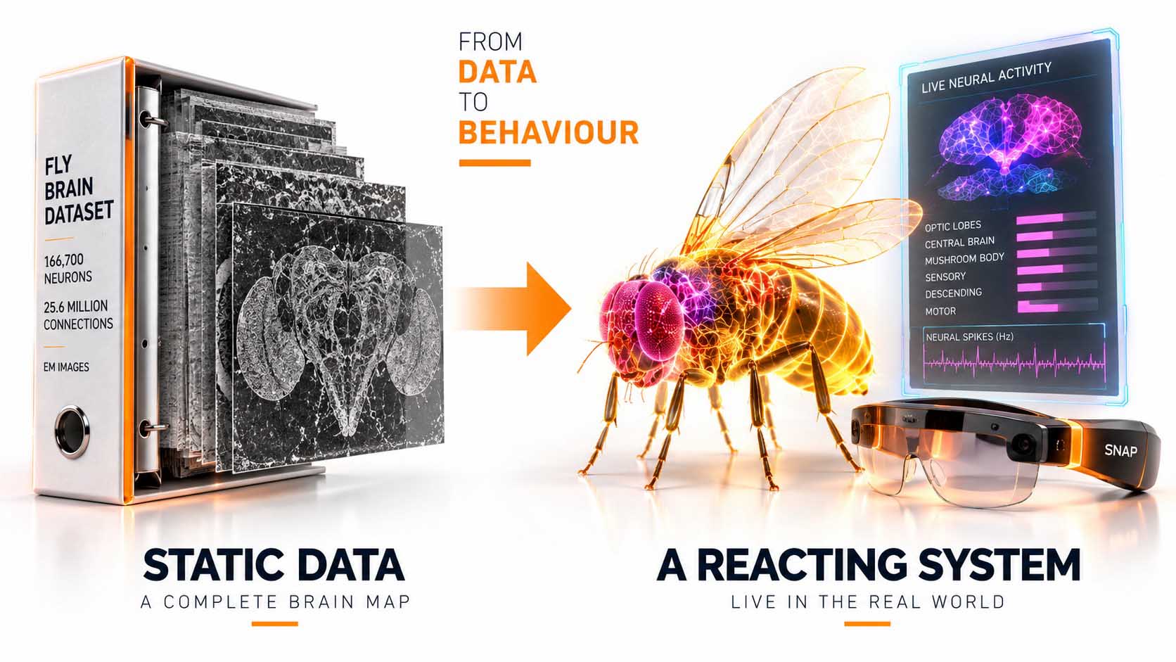 Split-screen infographic, left a folder icon labeled Dataset, right the same information as a glowing, moving neural network labeled Active System, connected by an arrow in the middle