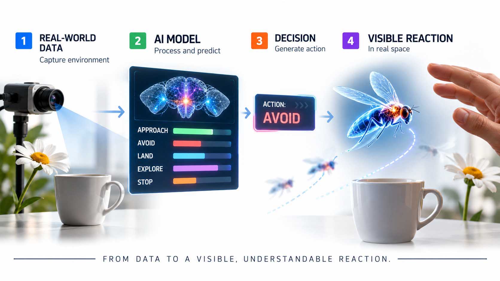Diagram of a simple dashboard with glowing activity bars for various decision parameters, next to an arrow pointing to a resulting visible action in a stylized environment