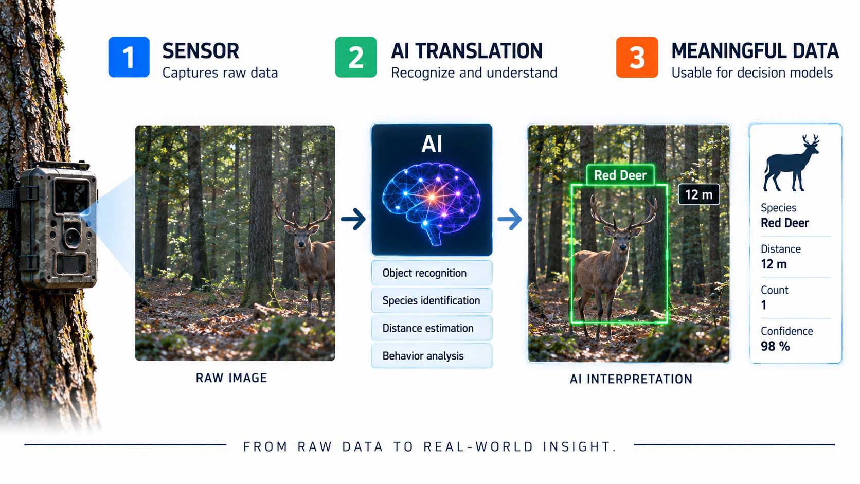 Side-by-side comparison, left a normal camera view of a forest with an animal at the edge of the frame, right the same scene overlaid with AI object-detection markers, species name, and distance reading