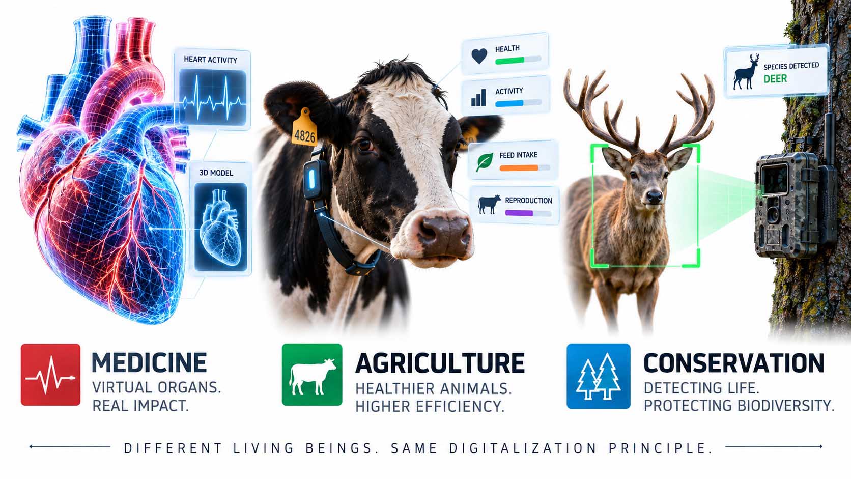 Three-part collage, left a stylized virtual heart simulation with electrical signal pathways, center a cow with an ear-tag sensor and floating vital-data icons in a barn, right a camera trap in a forest with an AI detection frame around an animal, unified visual language in muted blue and green tones