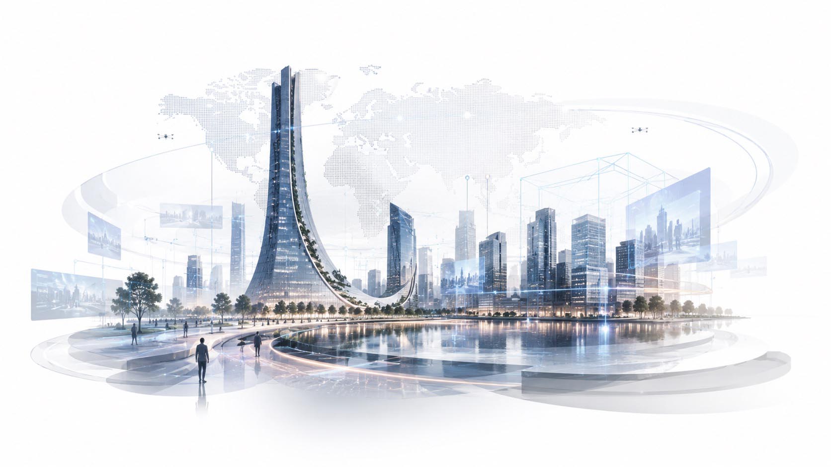 Immersive urban media architecture with holographic city spaces and spatial computing layers