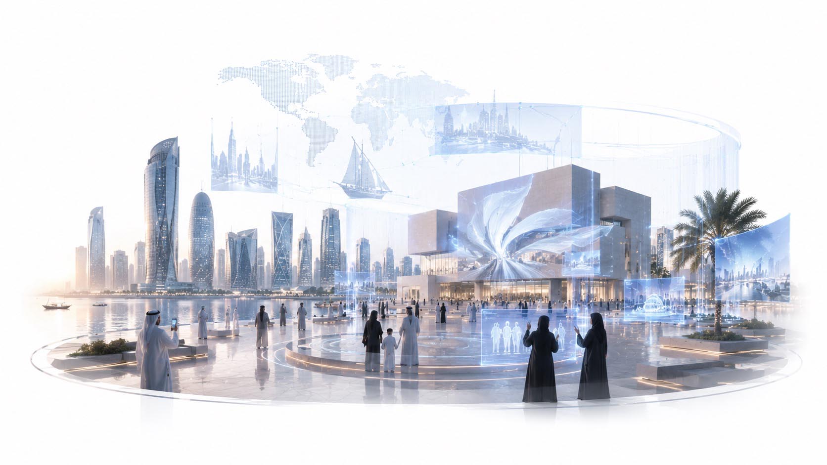 Immersive city staging with holographic architecture and digitally expanded urban experience spaces