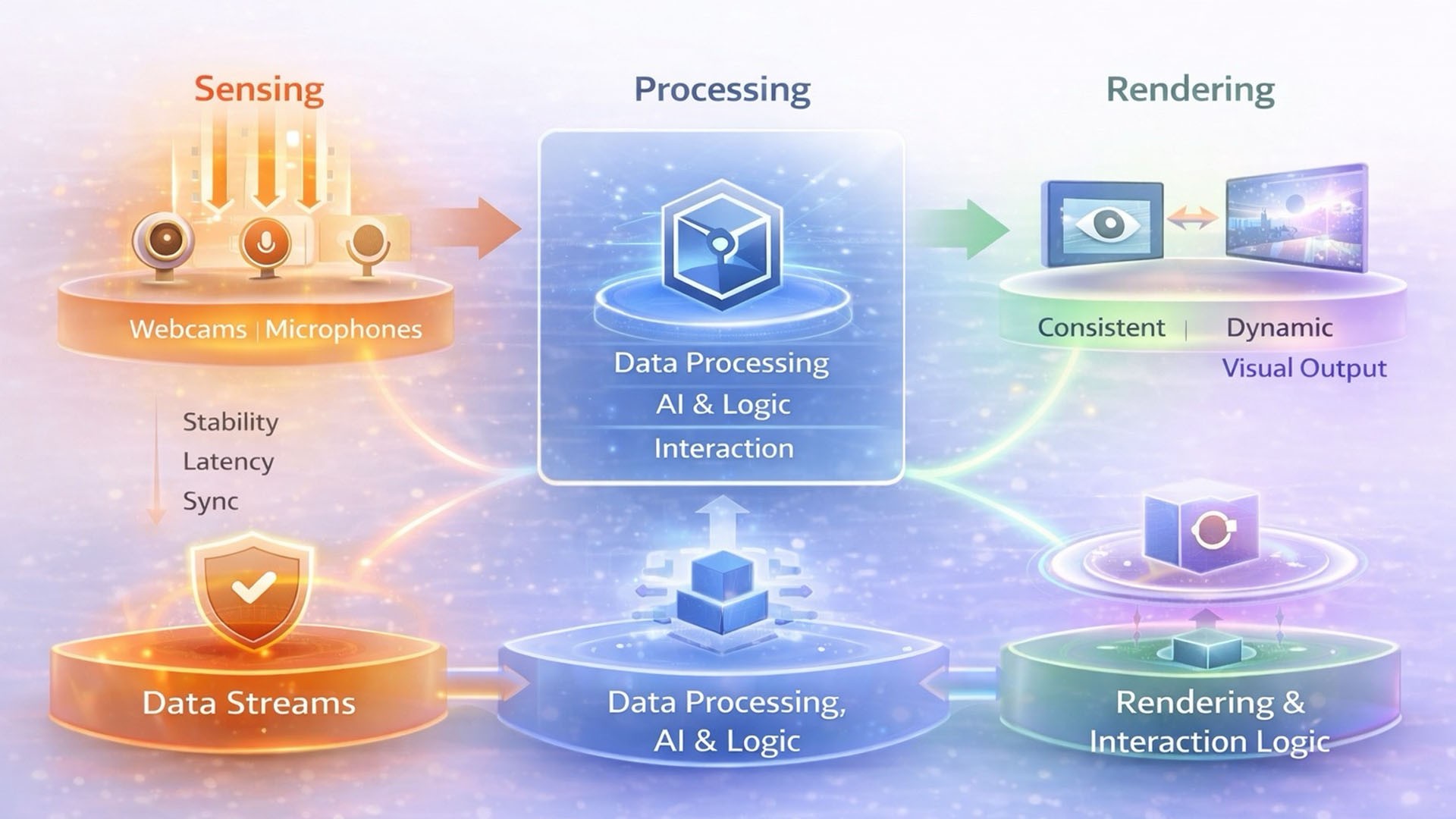 Technische Systemarchitektur eines reaktiven Interfaces mit Sensorik, Verarbeitung und visueller Ausgabe