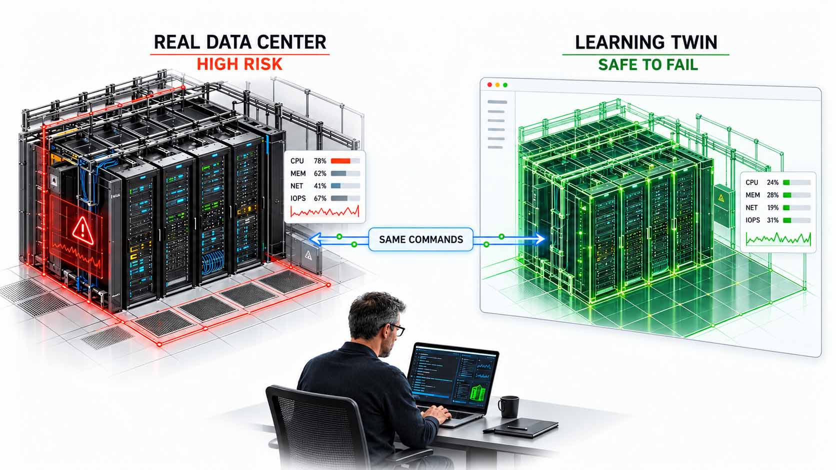 Infographic on a white background in 16:9 format: on the left a realistically drawn server rack in dark gray with a red warning triangle labeled REAL DATA CENTER and below it HIGH RISK; on the right the same rack as a green wireframe model in a stylized browser window labeled LEARNING TWIN and below it SAFE TO FAIL; between them a bold green double arrow labeled SAME COMMANDS; at the bottom center a small person at a laptop with a green checkmark; large, easily readable font, no logos