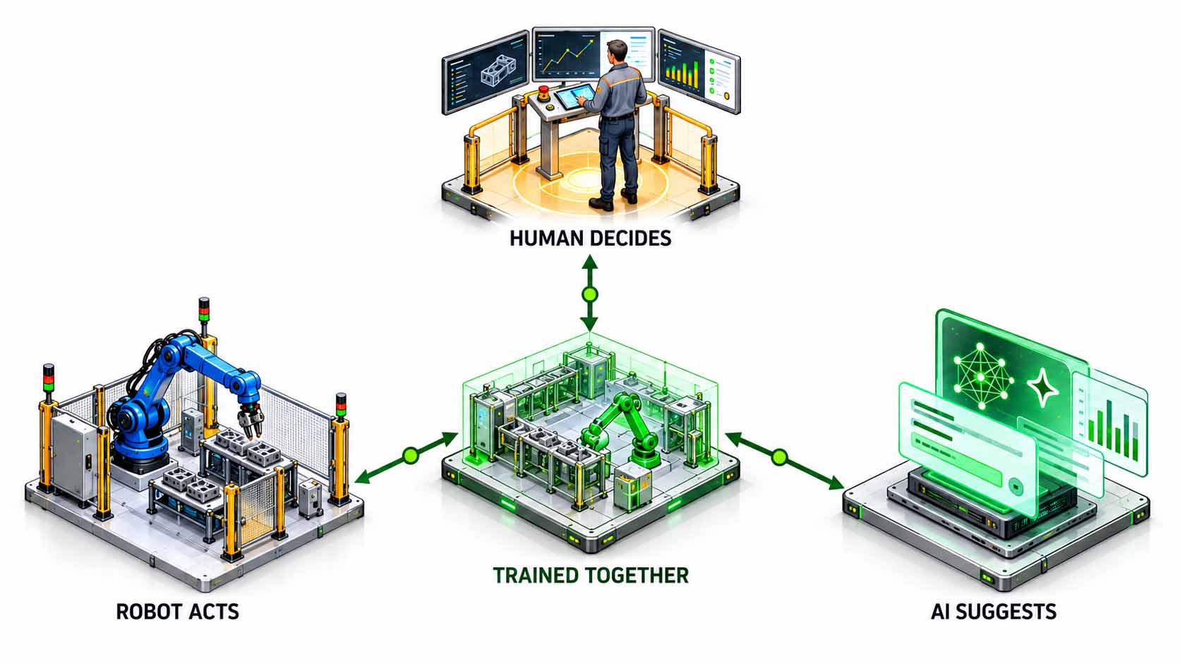 Infographic on a white background in 16:9 format: three large icons arranged in a triangle, at the top a human silhouette labeled HUMAN DECIDES, bottom left a robot arm labeled ROBOT ACTS, bottom right a speech bubble with a spark icon labeled AI SUGGESTS; the three icons are connected by green lines; in the center of the triangle a green cube labeled TRAINED TOGETHER; large, easily readable font, no logos