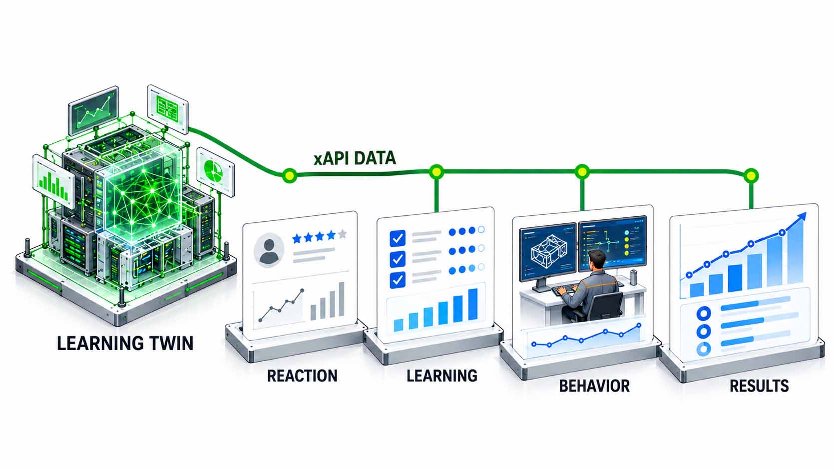 Infographic on a white background in 16:9 format: four steps rising to the right labeled REACTION, LEARNING, BEHAVIOR and RESULTS, each with a simple icon for smiley, checkmark, person at work and upward curve; on the left a green cube labeled LEARNING TWIN, from which a green data line labeled xAPI DATA leads to the LEARNING and BEHAVIOR steps; large, easily readable font, no logos