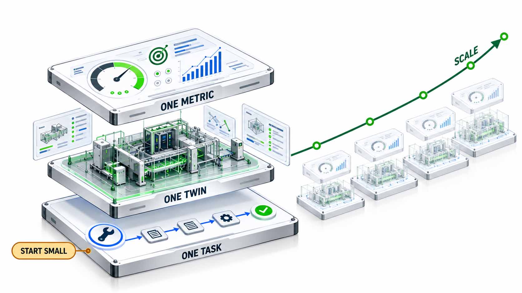 Infographic on a white background in 16:9 format: three building blocks stacked on top of each other in increasingly strong green labeled ONE TASK, ONE TWIN and ONE METRIC; to the right a slim green arrow pointing upward labeled SCALE; at the bottom left a small label START SMALL; large, easily readable font, no logos