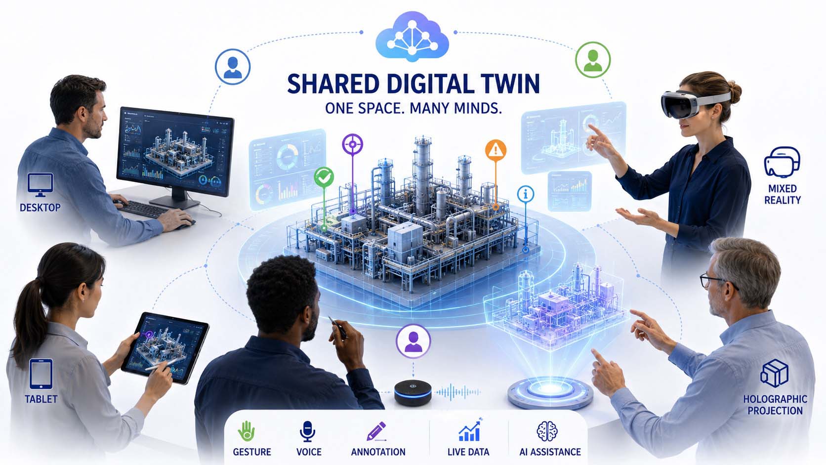 Räumliche Zusammenarbeit innerhalb eines gemeinsamen Digitalen Zwillings mit natürlicher Interaktion über Sprache, Gesten und Spatial Computing.