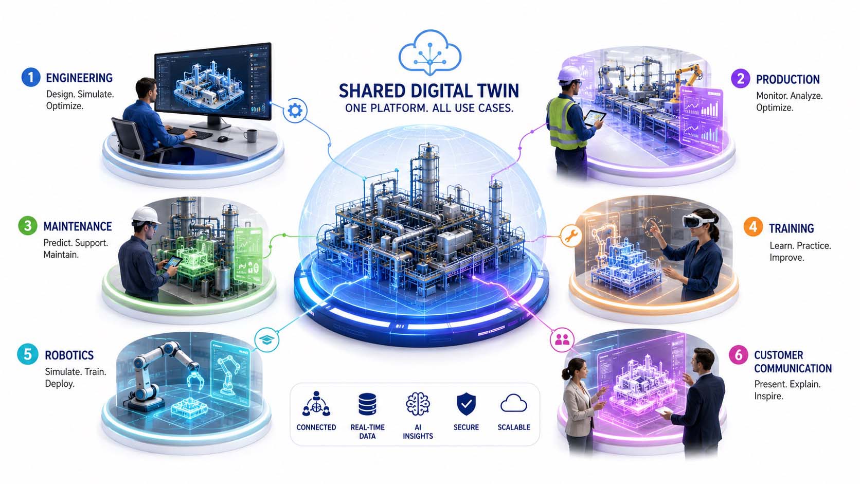 Die wichtigsten industriellen Einsatzfelder von Spatial Computing, Digitalen Zwillingen und Künstlicher Intelligenz.