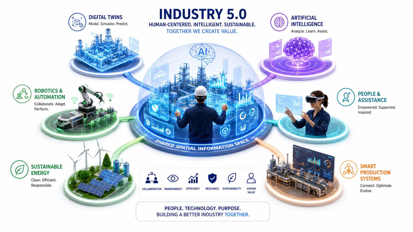 Industry 5.0 verbindet Menschen, Künstliche Intelligenz, Digitale Zwillinge und nachhaltige industrielle Systeme innerhalb eines gemeinsamen räumlichen Ökosystems.