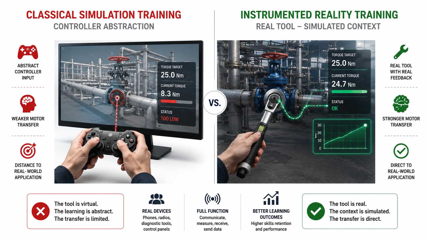 Split graphic: on the left, a person using a classic gamepad to operate a virtual torque wrench on a screen, visibly distant and abstract; on the right, the same person holding a real torque wrench, its movement transmitted as a glowing data line directly into an adjacent floating 3D training scene