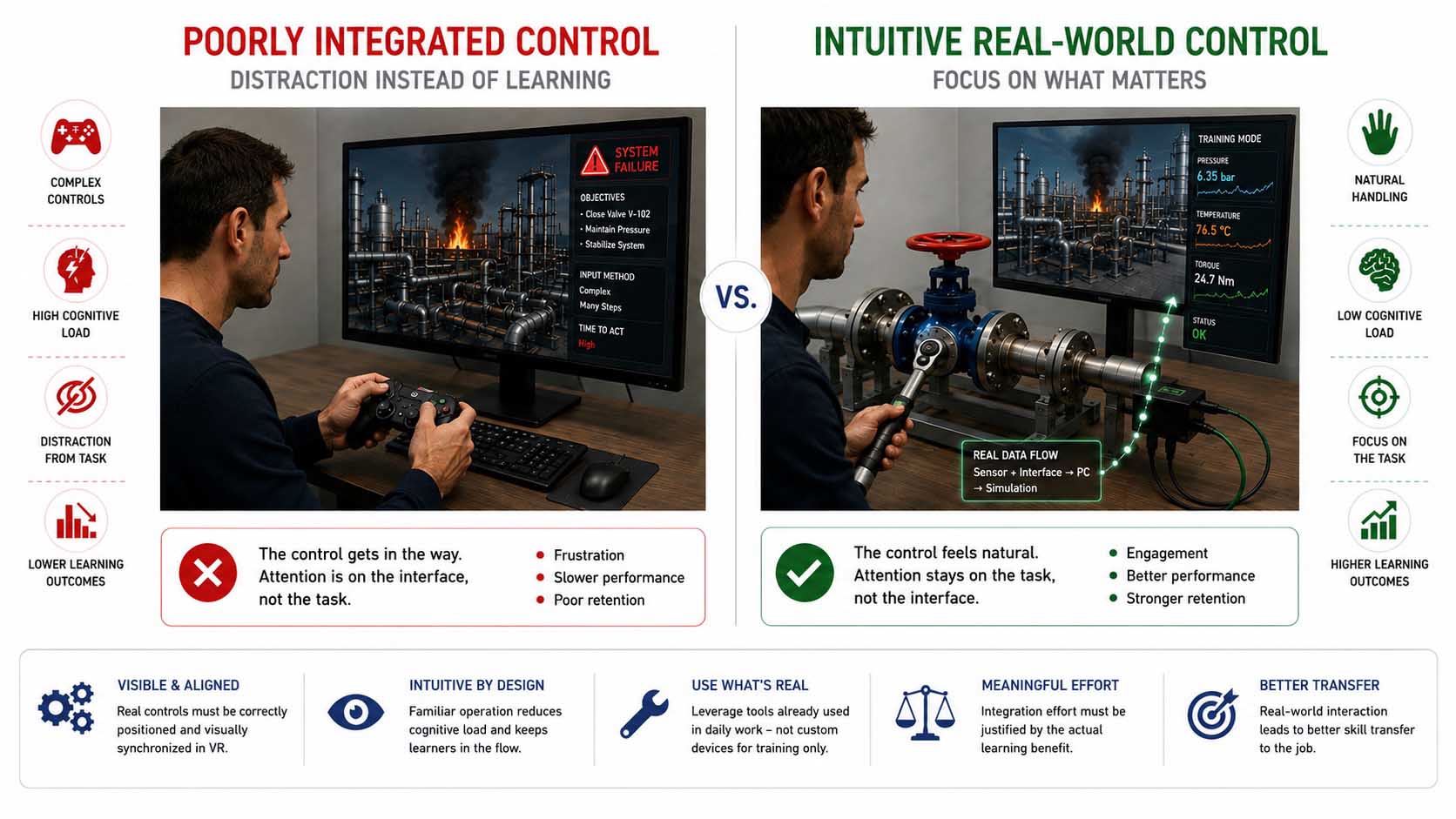 Comparison graphic on controlling industrial training simulations: on the left, a technician operates a virtual industrial facility via an abstract game controller and is distracted from the actual training goal by the complex controls; on the right, he works with a real torque tool on a physical valve model, whose sensor and control values are transmitted in real time via an interface to the computer, where they influence the virtual training facility and the readings shown on screen